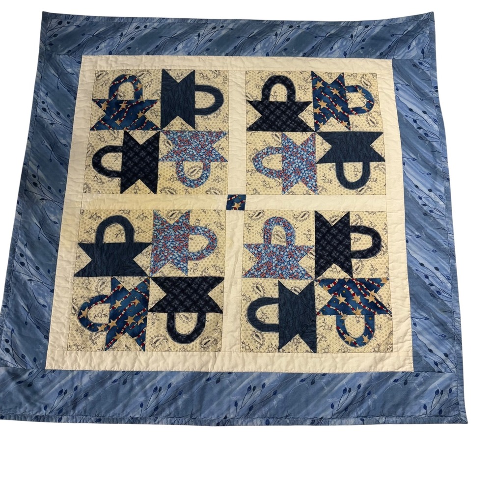 Handmade Quilt Wall Hanging Patriotic Coffee Tea Cup‎ Stars 34" x 33" Y2K